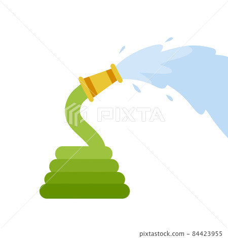Hose. Jet of water. Fire fighting and watering of lawn. Green tube. Flat cartoon illustration 84423955