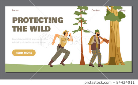 Protecting the wild web page for reserve rangers, flat vector illustration. 84424011