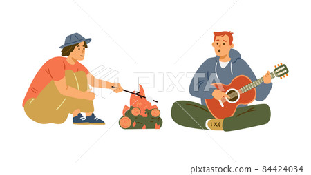 Tourists in forest make fire and sing songs, flat vector illustration isolated. 84424034