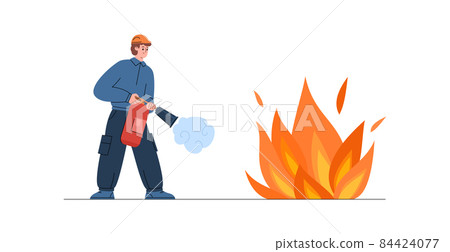 Firefighter spraying foam from fire extinguisher, vector illustration isolated. Firefighter spraying foam from fire extinguisher, vector illustration isolated. 84424077