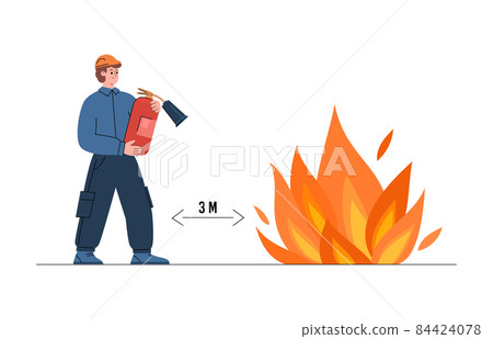 Fireman with extinguisher approaches the fire site at distance, flat vector illustration isolated on white background. Fireman with extinguisher approaches the fire site at distance, flat vector illustration isolated on white background. 84424078
