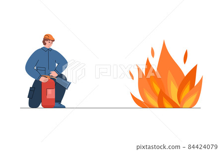 Extinguishing flame with fire extinguisher, flat vector illustration isolated. Extinguishing flame with fire extinguisher, flat vector illustration isolated. 84424079