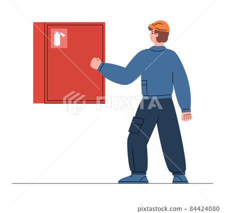 Fireman in helmet takes the fire extinguisher form cabinet, flat vector illustration isolated on white background. Fireman in helmet takes the fire extinguisher form cabinet, flat vector illustration isolated on white background. 84424080