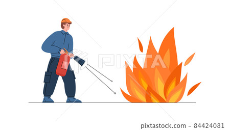 Fireman aims fire extinguisher nozzle to the flame, flat vector illustration isolated on white background. Fireman aims fire extinguisher nozzle to the flame, flat vector illustration isolated on white background. 84424081