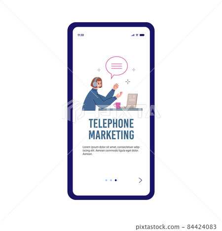 Telephone marketing services mobile onboarding screen, flat vector illustration. Telephone marketing services mobile onboarding screen, flat vector illustration. 84424083