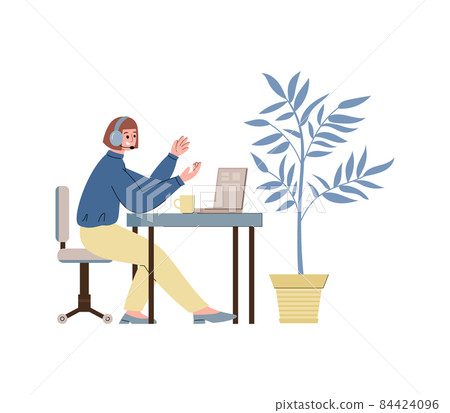 Telemarketing or customers support worker, flat vector illustration isolated. 84424096