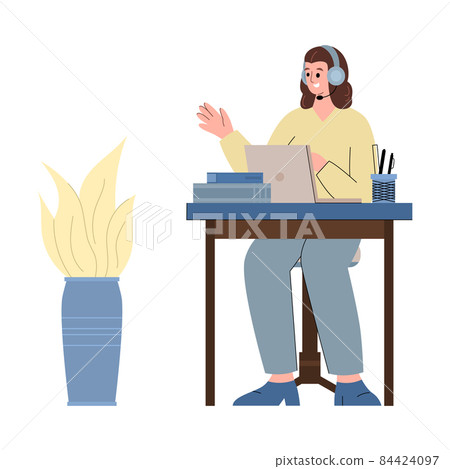Woman in headset communicates using laptop, flat vector illustration isolated. Woman in headset communicates using laptop, flat vector illustration isolated. 84424097