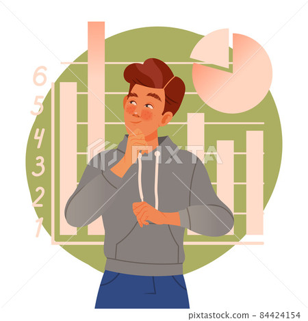 Young man with analytical type of thinking. Human mental mindset, personality emotions concept cartoon vector illustration Young man with analytical type of thinking. Human mental mindset, personality emotions concept cartoon vector illustration 84424154