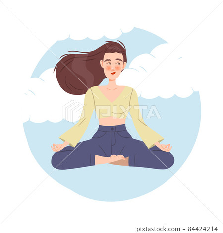 Girl in meditation pose sitting inside transparent glass bubble. Social isolation, personal space cartoon vector illustration Girl in meditation pose sitting inside transparent glass bubble. Social isolation, personal space cartoon vector illustration 84424214