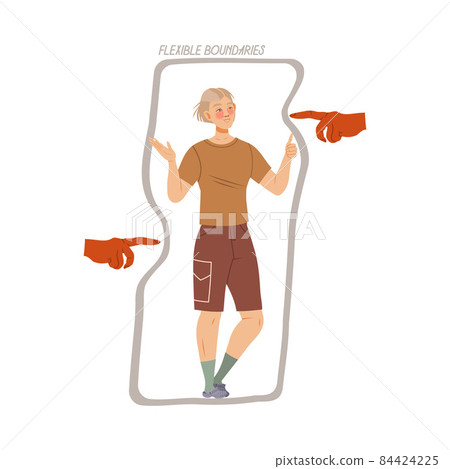 Flexible boundaries. Boy standing inside rectangular shape boundaries. Personal space concept cartoon vector illustration Flexible boundaries. Boy standing inside rectangular shape boundaries. Personal space concept cartoon vector illustration 84424225