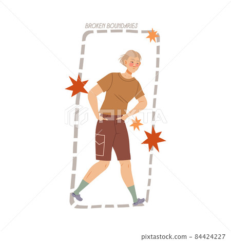 Broken boundaries. Boy standing inside rectangular shape boundaries drawn with dotted line. Personal space concept cartoon vector illustration Broken boundaries. Boy standing inside rectangular shape boundaries drawn with dotted line. Personal space concept cartoon vector illustration 84424227
