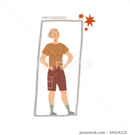 Hard boundaries. Boy standing inside drawn rectangular shape boundaries. Personal space cartoon vector illustration Hard boundaries. Boy standing inside drawn rectangular shape boundaries. Personal space cartoon vector illustration 84424228