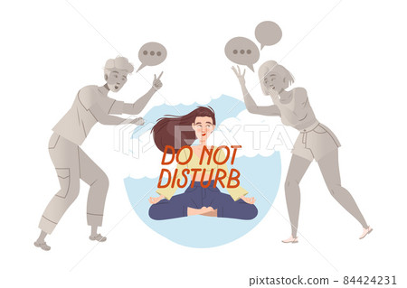 Girl in meditation pose sitting inside transparent glass bubble and people reaching for her. Avoiding of conflict, social isolation, personal space cartoon vector illustration Girl in meditation pose sitting inside transparent glass bubble and people reaching for her. Avoiding of conflict, social isolation, personal space cartoon vector illustration 84424231