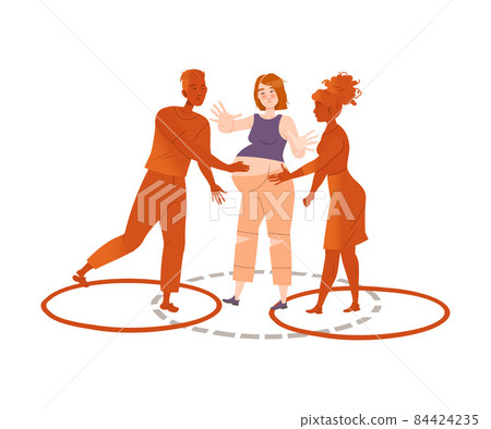 Pregnant woman standing inside personal boundaries drawn with dotted line and people reaching for her. Personal space concept cartoon vector illustration Pregnant woman standing inside personal boundaries drawn with dotted line and people reaching for her. Personal space concept cartoon vector illustration 84424235