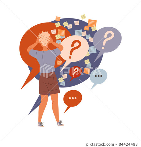 Panicked person overloaded by information. Deadline, job burnout, ineffective multitasking vector illustration Panicked person overloaded by information. Deadline, job burnout, ineffective multitasking vector illustration 84424488