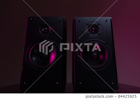 two music speakers with large speakers on a dark background close-up 84425925