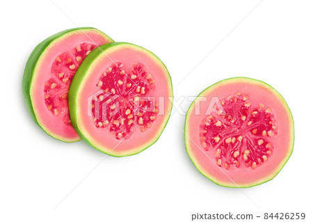 Guava fruit slices isolated on white background with clipping path and full depth of field. Top view. Flat lay 84426259