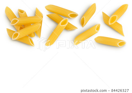 Raw italian penne rigate pasta isolated on white background with clipping path. Top view with copy space for your text. Flat lay Raw italian penne rigate pasta isolated on white background with clipping path. Top view with copy space for your text. Flat lay 84426327