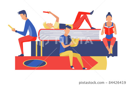 Read books concept. Young stylish male and female readers sitting on stack of giant books and reading. Literature fans or lovers. Colored vector illustration in contemporary style Read books concept. Young stylish male and female readers sitting on stack of giant books and reading. Literature fans or lovers. Colored vector illustration in contemporary style 84426419