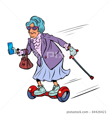 grandma rides a gyro scooter, active recreation of the elderly. Street sports 84426421