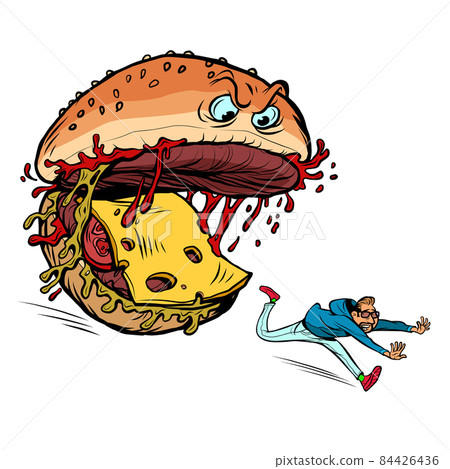 Cheeseburger monster character eats a human. Dangerous fast food. Food Attack 84426436