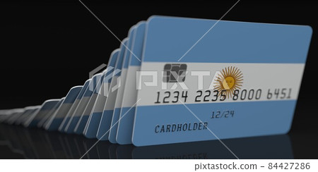 Falling plastic cards with flag of Argentina on dark background, fictional data on card mockups. Economic crisis conceptual 3d rendering Falling plastic cards with flag of Argentina on dark background, fictional data on card mockups. Economic crisis conceptual 3d rendering 84427286