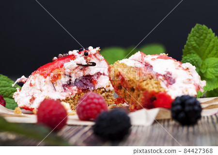 fresh cake with red raspberry jam fresh cake with red raspberry jam 84427368