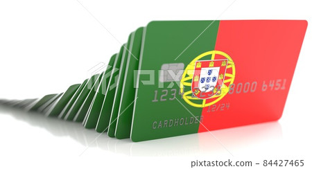 Domino effect with falling credit cards with flags of Portugal. Conceptual 3d rendering 84427465