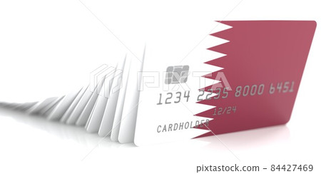 Line of fallen credit cards with flags of Qatar on white background, 3d rendering 84427469