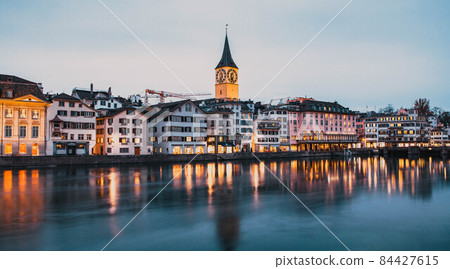 panorama of Zurich city center with Frau Munster and Grossmunster panorama of Zurich city center with Frau Munster and Grossmunster 84427615