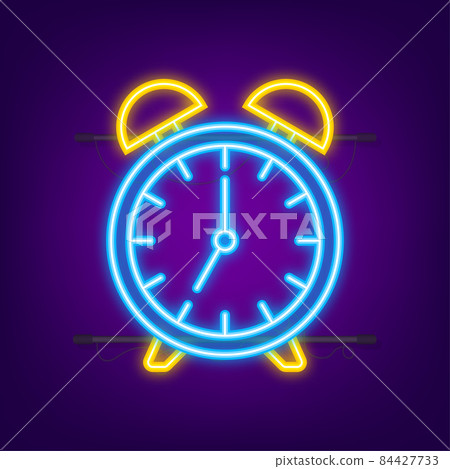 Alarm clock, wake-up time in hands on white background. Neon icon. Vector stock illustration Alarm clock, wake-up time in hands on white background. Neon icon. Vector stock illustration 84427733