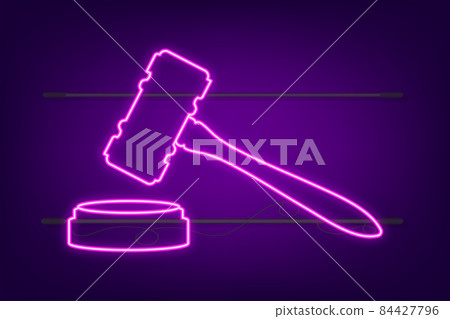 Wooden judge gavel and soundboard neon sign. Vector stock illustration. 84427796