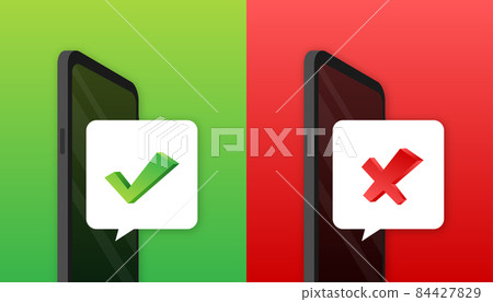 Hands holding smartphones with checkmarks set. Tick and cross check marks. Vector stock illustration 84427829