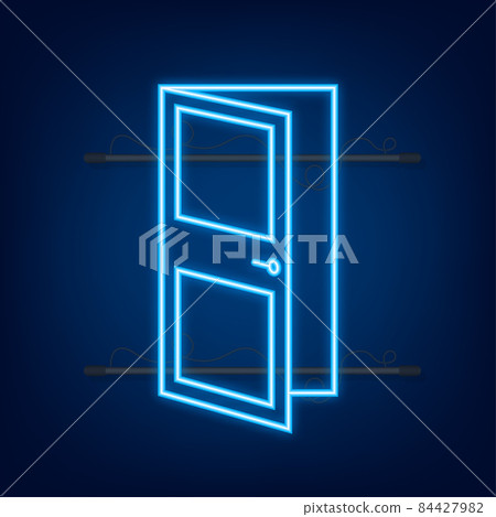 Open door. Interior design. Neon icon. Business concept. Front view. Home office. Vector illustration Open door. Interior design. Neon icon. Business concept. Front view. Home office. Vector illustration 84427982