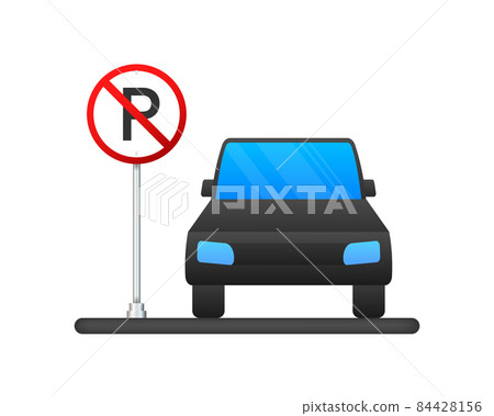 Template with blue no parking. Logo, icon, label. Parking on white background. Web element. Vector stock illustration 84428156