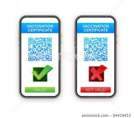Vaccination digital certificate on smartphone. Phone screen with qr-code and pass check mark vaccinated. Health passport. Vector stock illustration. 84429453
