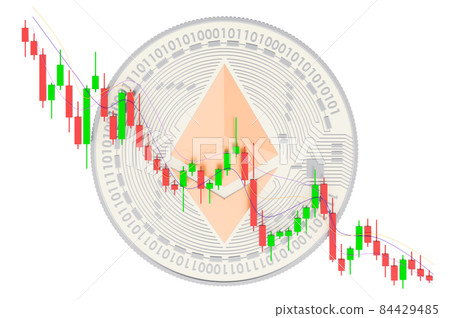 Ethereum coin with Japanese candlestick chart showing downtrend market of Ethereum, concept. 3D rendering Ethereum coin with Japanese candlestick chart showing downtrend market of Ethereum, concept. 3D rendering 84429485