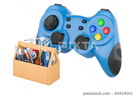 Gamepad with toolbox. Service and repair of gamepad, 3D rendering 84429501