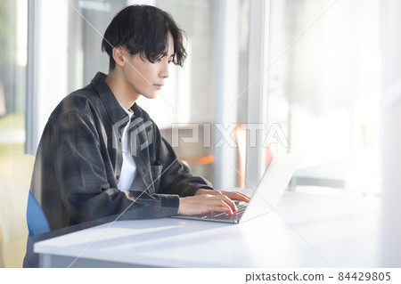 Laptop and refreshing young man Laptop and refreshing young man 84429805
