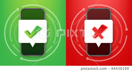 Hands holding smartphones with checkmarks set. Tick and cross check marks. Vector stock illustration Hands holding smartphones with checkmarks set. Tick and cross check marks. Vector stock illustration 84430199