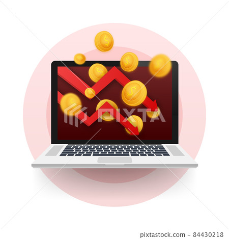 Money loss. Cash with down arrow stocks graph, concept of financial crisis, market fall, bankruptcy. Vector stock illustration 84430218