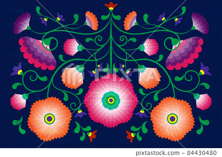 Embroidery native flowers folk pattern with Polish and Mexican influence. Trendy ethnic decorative traditional floral in symmetric design, for fashion, interior, stationery. Vector isolated on blue Embroidery native flowers folk pattern with Polish and Mexican influence. Trendy ethnic decorative traditional floral in symmetric design, for fashion, interior, stationery. Vector isolated on blue 84430480