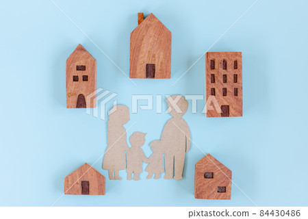 Family Home and Property House Future Concept, Wooden House Model and Paper Cut Family Shape on Isolated Background. Business Real Estate Sale Agent and Housing Loan for Crisis Realty. 84430486