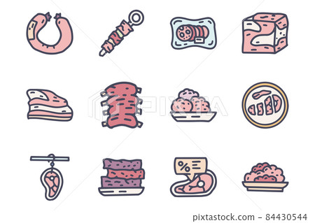 Meat department color vector doodle simple icon set Meat department color vector doodle simple icon set 84430544
