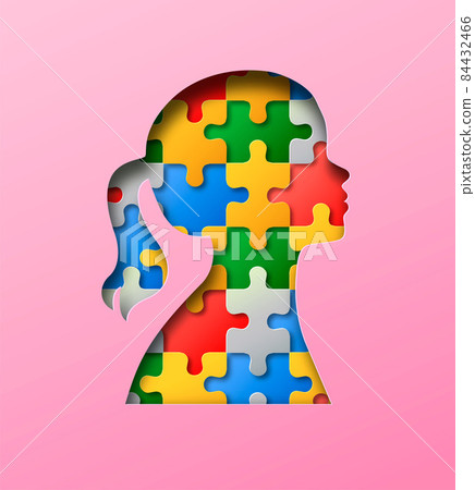 Little girl colorful puzzle head paper cut concept Little girl colorful puzzle head paper cut concept 84432466