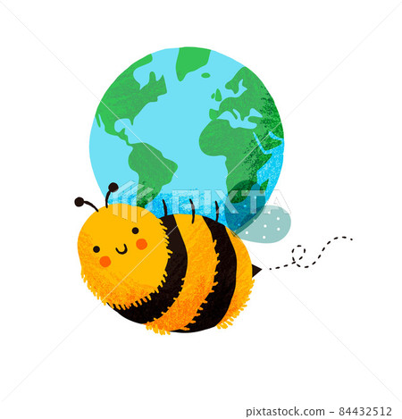 Happy bee cartoon holding planet earth isolated 84432512