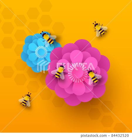 Spring flower bee paper cut illustration concept 84432520