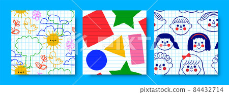 Children doodle cartoon seamless pattern set 84432714