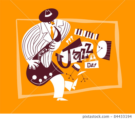 Jazz Day retro cartoon band saxophone man card 84433194