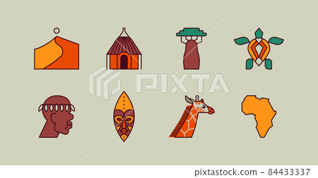 Africa culture travel icon flat outline cartoon set 84433337